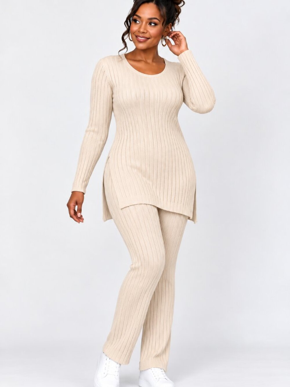 Ribbed Knit Tunic & Pants Two-Piece Set – Apricot